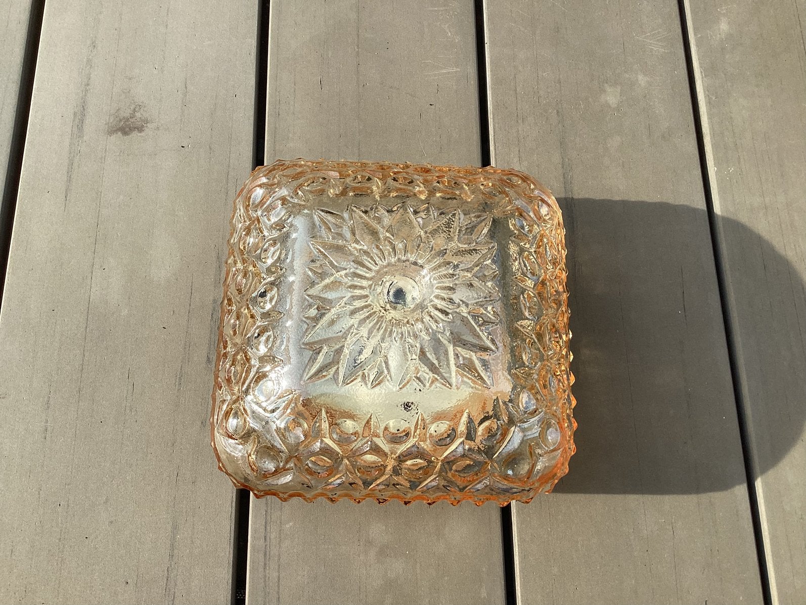 Vintage vierkante glazen plafonniere met ster-motief, Huis en Inrichting, Lampen | Plafondlampen, Ophalen of Verzenden, Zo goed als nieuw