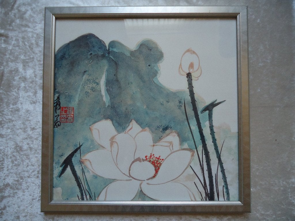 Mooie schilderij/aquarel van Cécile de Carvalho 55x55x3 cm, Ophalen of Verzenden, Achter glas, Bloemen