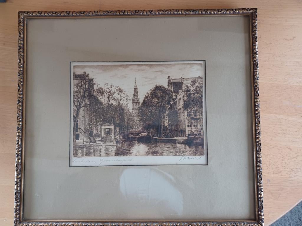 Ets Amsterdam Groenburgwal met Zuiderkerk, gesigneerd, Antiek en Kunst, Kunst | Etsen en Gravures, Ets, Stadsgezicht, Ophalen of Verzenden