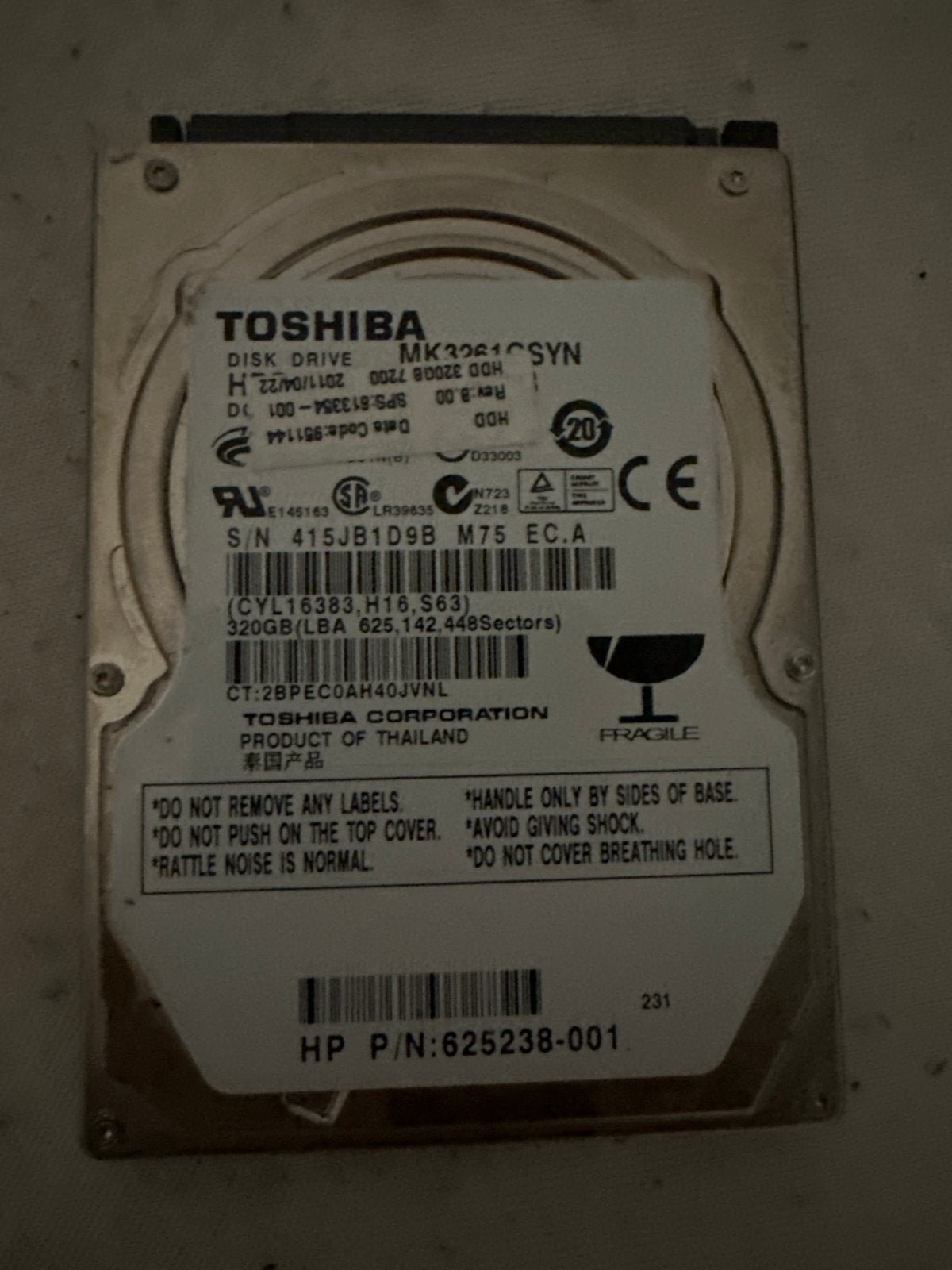 Toshiba MK3261GSYN 320GB HDD - Interne Harde Schijf, Computers en Software, Intern, Gebruikt, Server, Ophalen of Verzenden