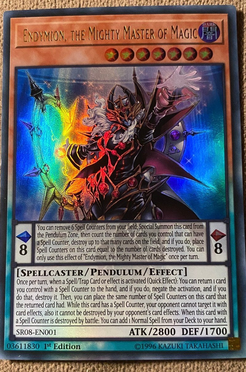 Yu-Gi-Oh! Endymion, The Mighty Master of Magic SR08 1st, Ophalen of Verzenden, Zo goed als nieuw, Losse kaart, Foil