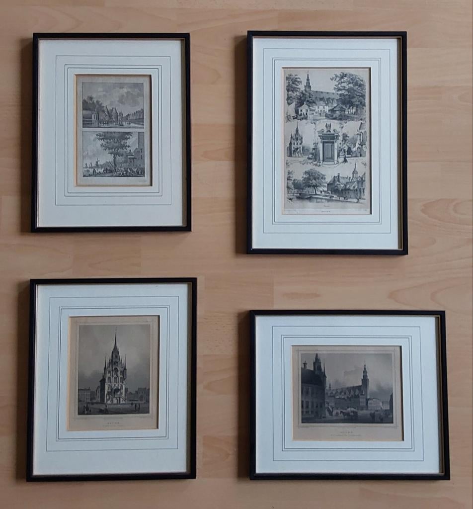 Set van 4 ingelijste etsen/gravures van stadsgezichten, Antiek en Kunst, Ingelijst, 1800 - 1899, Ets, Stadsgezicht