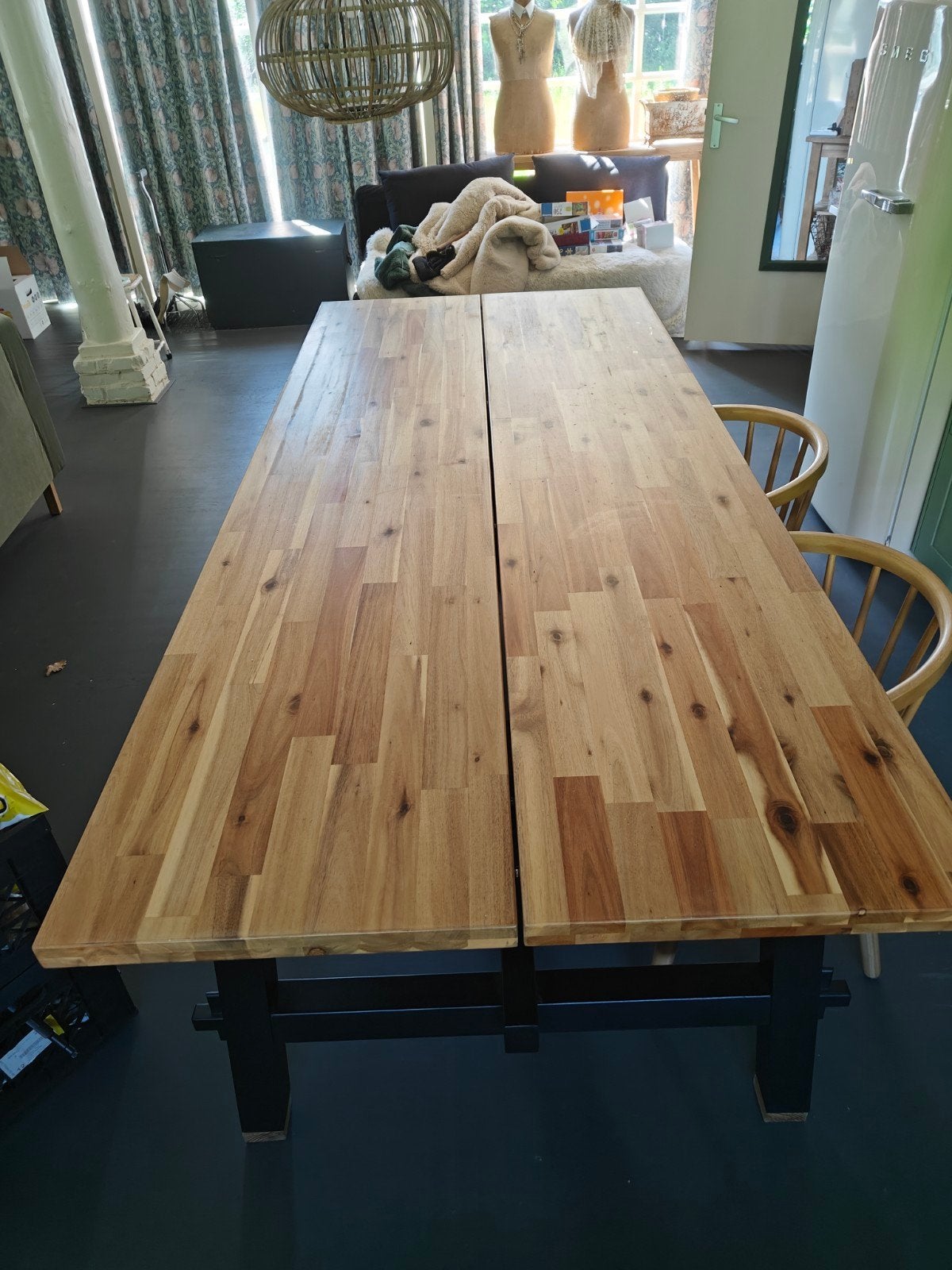 Grote eiken industriële tafel, Eikenhout, 200 cm of meer, Vijf personen of meer, J