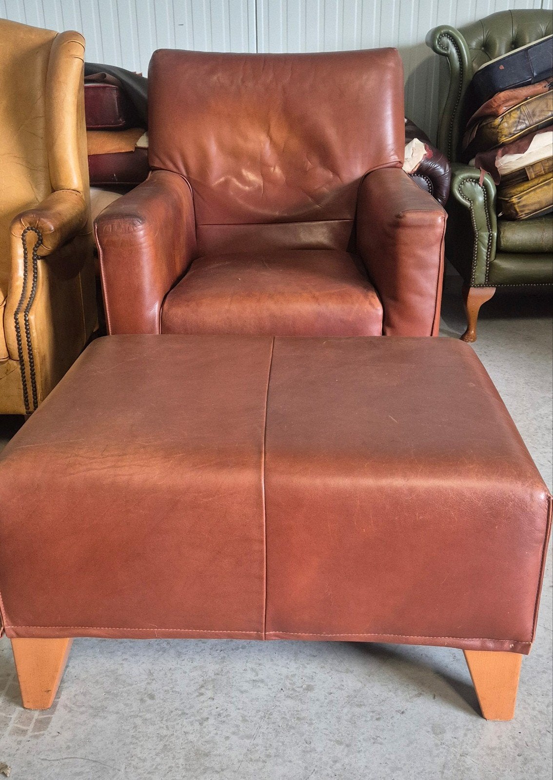 runderleren fauteuil met hocker, Ophalen of Verzenden