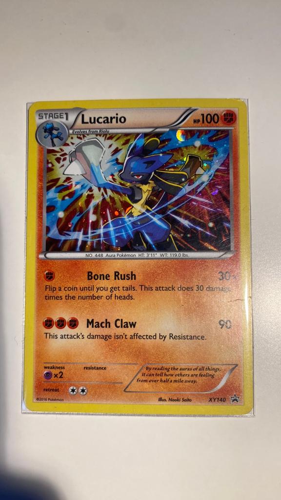 Lucario Pokémon Kaart XY140 Promo Holo, Ophalen of Verzenden, Zo goed als nieuw, Losse kaart, Foil