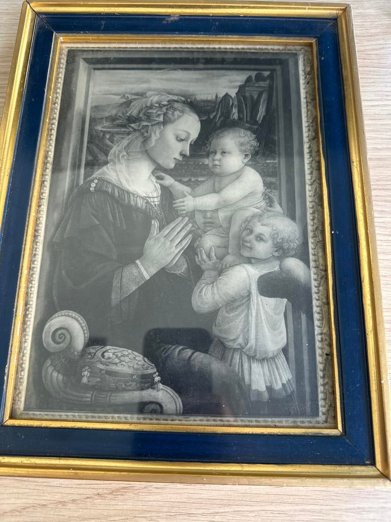 Vintage reproductie 'Madonna met kind en twee engelen', Ophalen of Verzenden