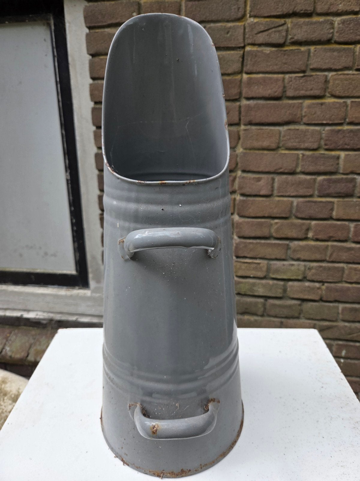 Vintage kolenemmer/asbak in grijs emaille, Antiek en Kunst, Antiek | Emaille, Ophalen of Verzenden
