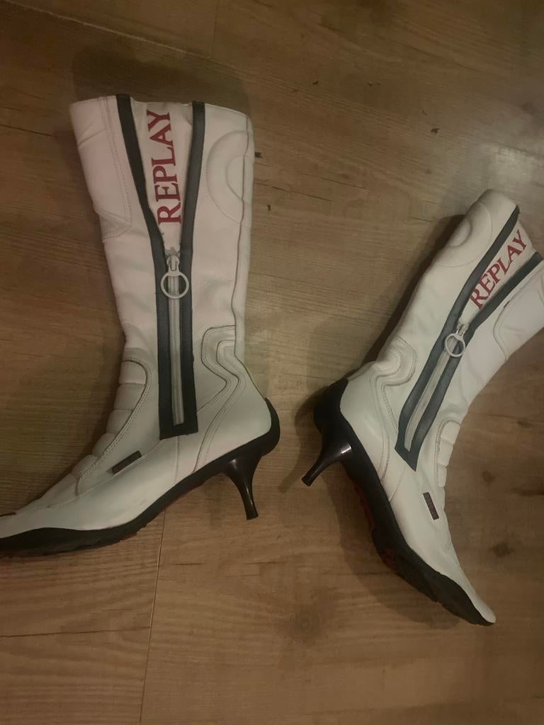 Vintage 2000's Replay Motor Laarzen - Wit, Hoge laarzen, Wit, Ophalen of Verzenden, Zo goed als nieuw