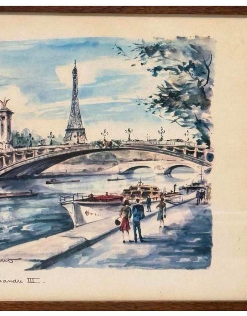 Antiek Schilderij Pont Alexandre III Parijs brug Seine paris, Ophalen of Verzenden