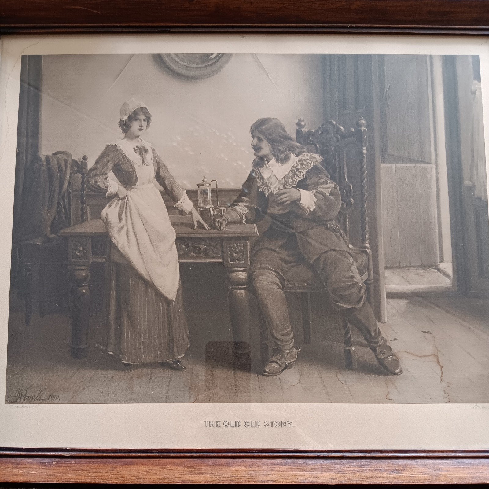 Antieke ingelijste prent 'The Old Old Story' - 1904, Antiek en Kunst, Ophalen of Verzenden, Print, Prent, Gesigneerd