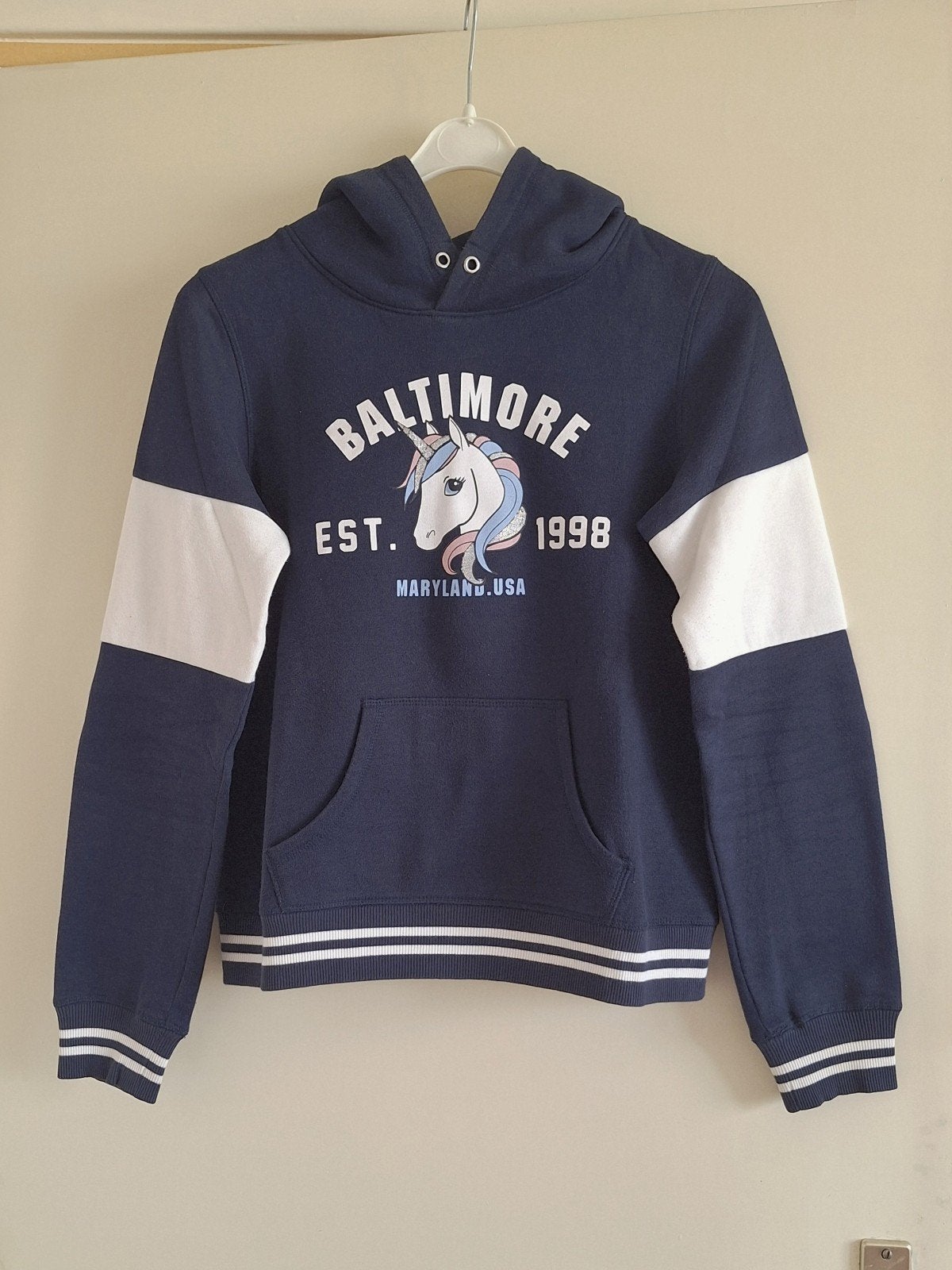 Donkerblauwe unicorn hoodie maat 158-164, Meisje, Trui of Vest, H&M, Ophalen of Verzenden