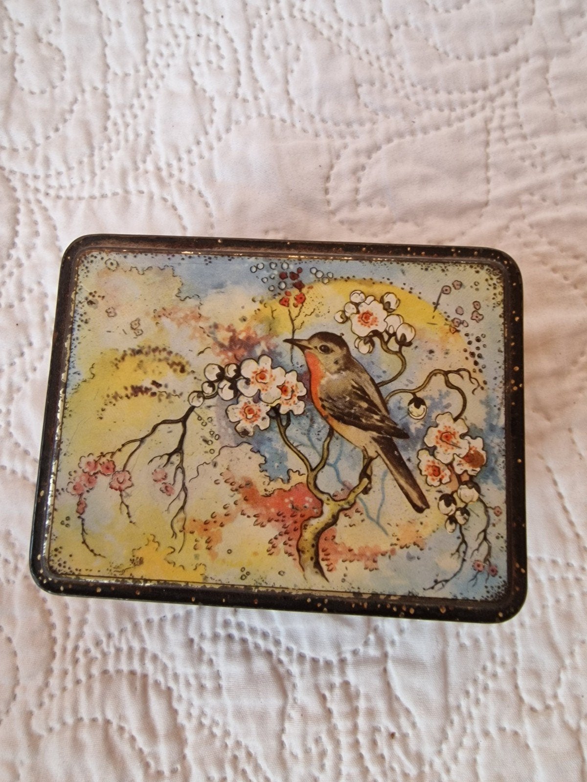 Vintage blikken doosje met vogel en bloesem, Ophalen of Verzenden