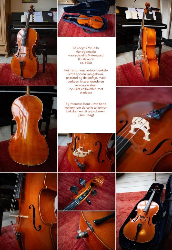 cello 7/8, Muziek en Instrumenten, Strijkinstrumenten | Cello's, Ophalen, Zo goed als nieuw, 7/8-cello, Met koffer