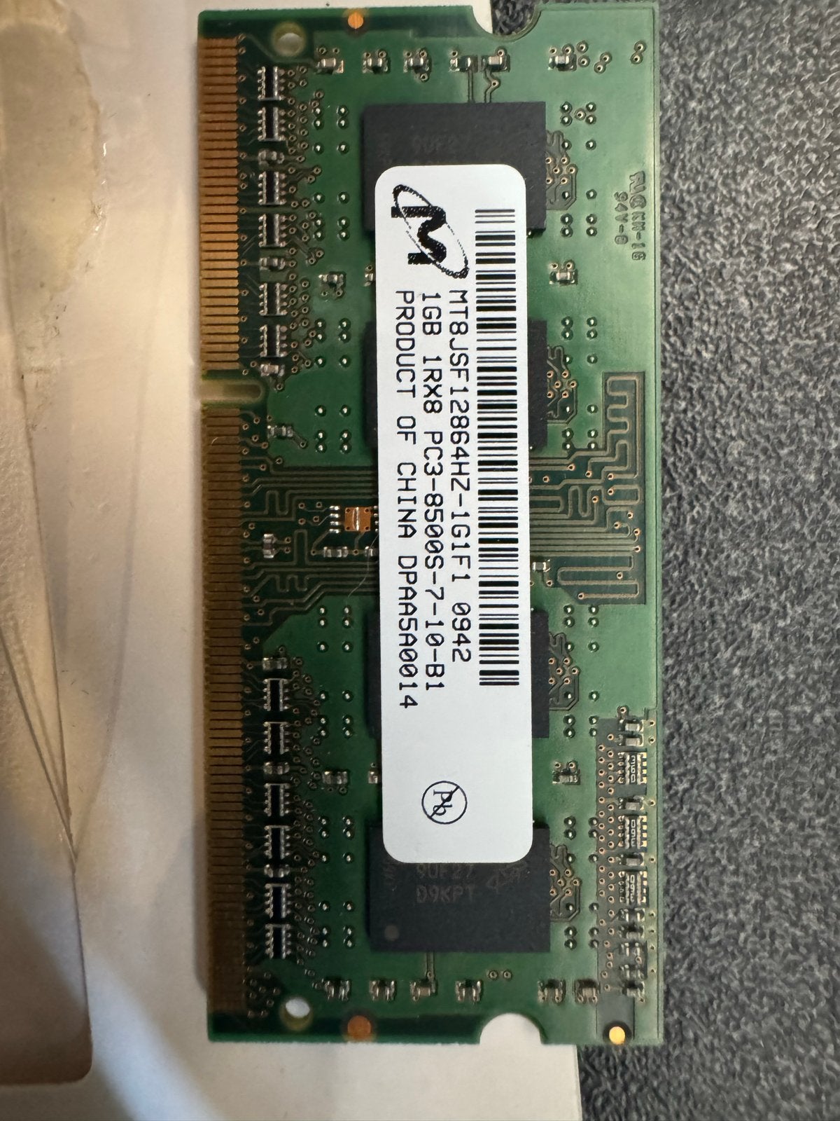 2x 1GB 1Rx8 PC3-8500S-7-10-B1 Micron Laptop RAM, DDR3, Ophalen of Verzenden, Laptop, Gebruikt