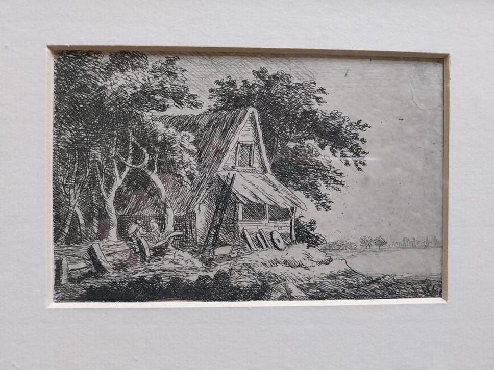 Antieke Ets: Landelijk Huisje in Bosrijke Omgeving, Ingelijst, 1800 - 1899, Ets, Ophalen of Verzenden