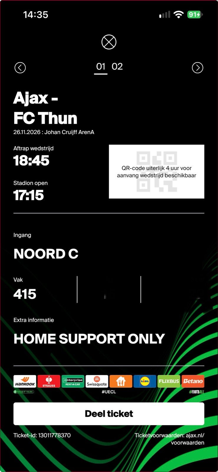 Ajax thun te koop, Losse kaart, Twee personen, November, Europa of Champions League
