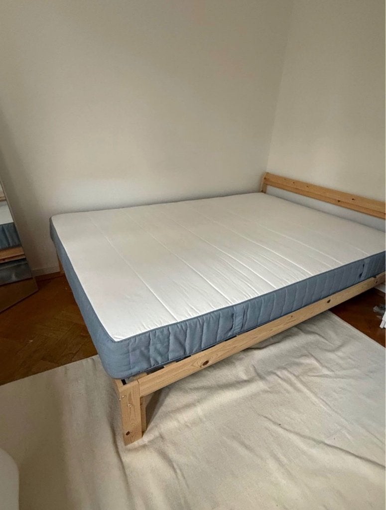 Ikea Bedframe + matras + topper (140x200), Ophalen, Gebruikt, Bruin, Tweepersoons