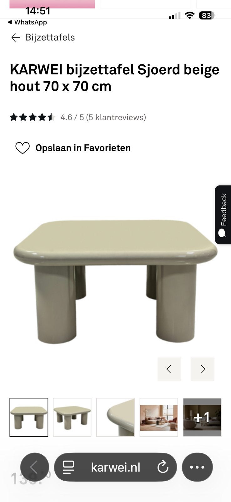 Karwei bijzettafel Sjoerd beige 70x70, Vierkant, 55 tot 75 cm, Zo goed als nieuw, Hout