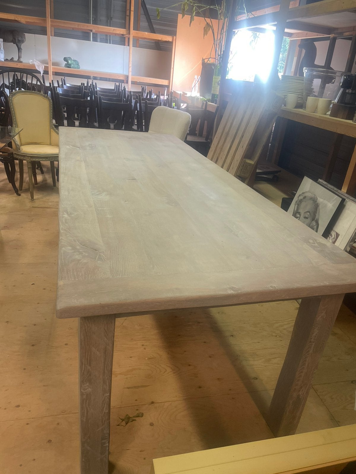 Franse vol eiken eettafel massief white grey wash finishing, 200 cm of meer, Zo goed als nieuw, Rechthoekig, 50 tot 100 cm