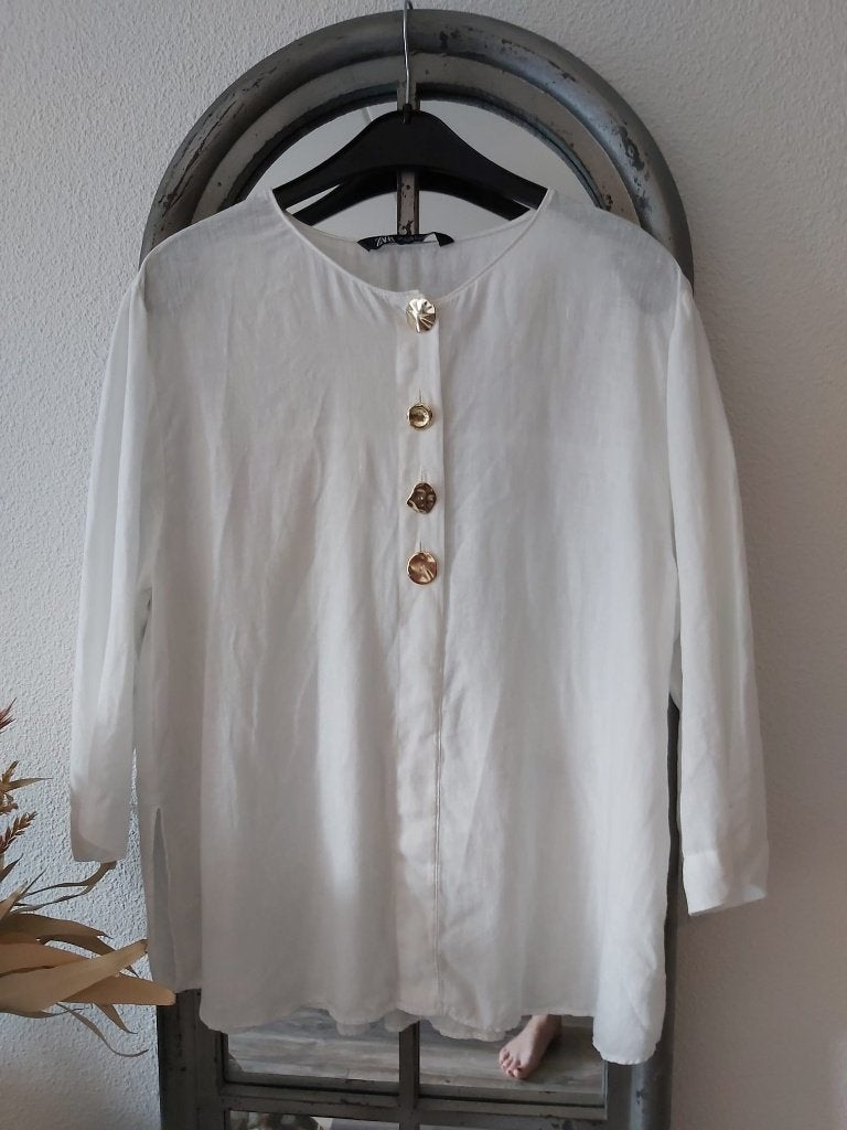 Linnen ZARA wit blouse tuniek gouden knopen details 40 42 4, Verzenden, Zo goed als nieuw, Maat 42/44 (L), Wit
