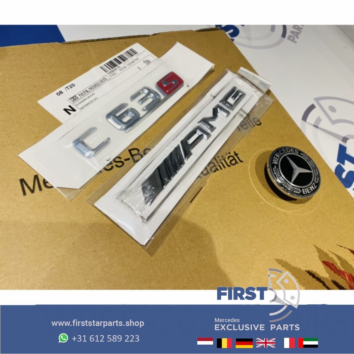 W205 C63S AMG LOGO SET C 63 S CHROOM EMBLEMEN SET Mercedes C, Gebruikt, -, Ophalen of Verzenden, -