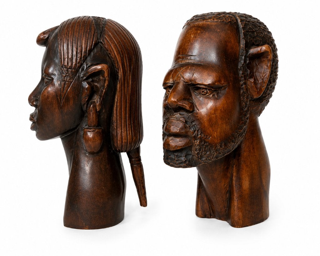 Afrikaans sculpturaal houten hoofden in Makonde stijl, Antiek en Kunst, Ophalen of Verzenden