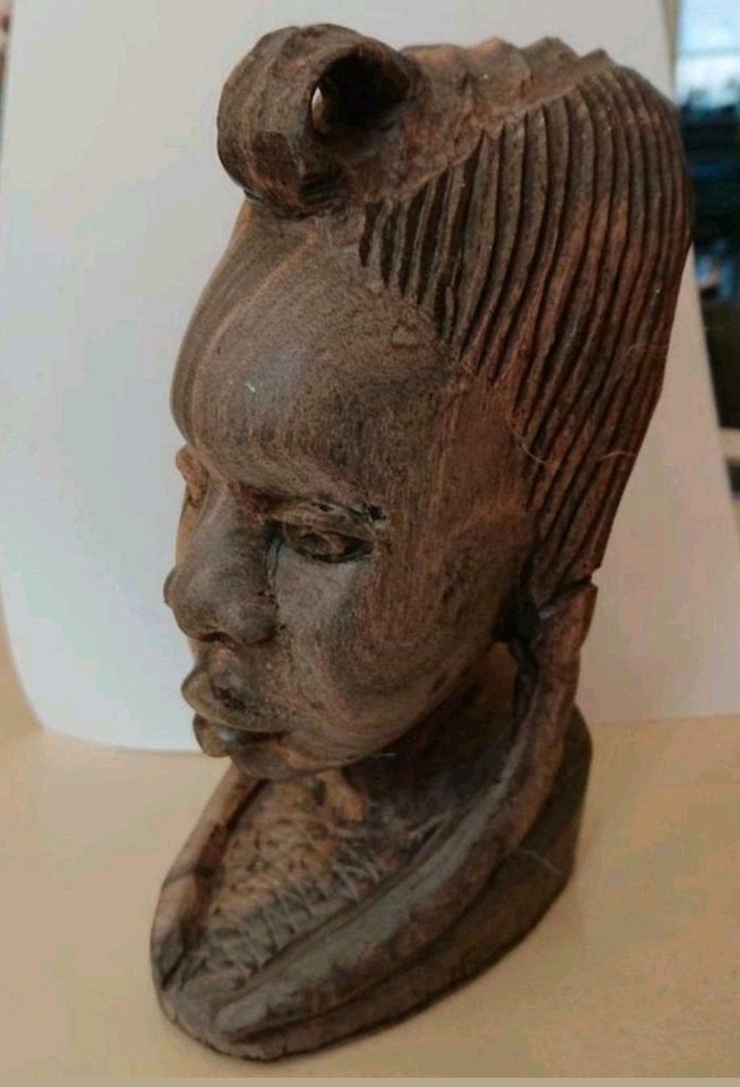 Afrikaanse beeldhouwkunst (hout vrouwenhoofd), Minder dan 20 cm, Ophalen of Verzenden, Beeld, Hout