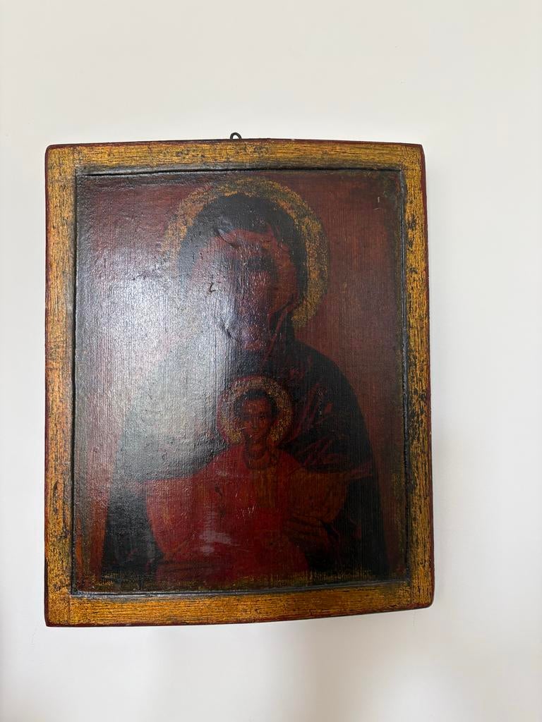 Antieke Houten Icoon: Moeder Maria met Kind, Antiek en Kunst, Ophalen of Verzenden