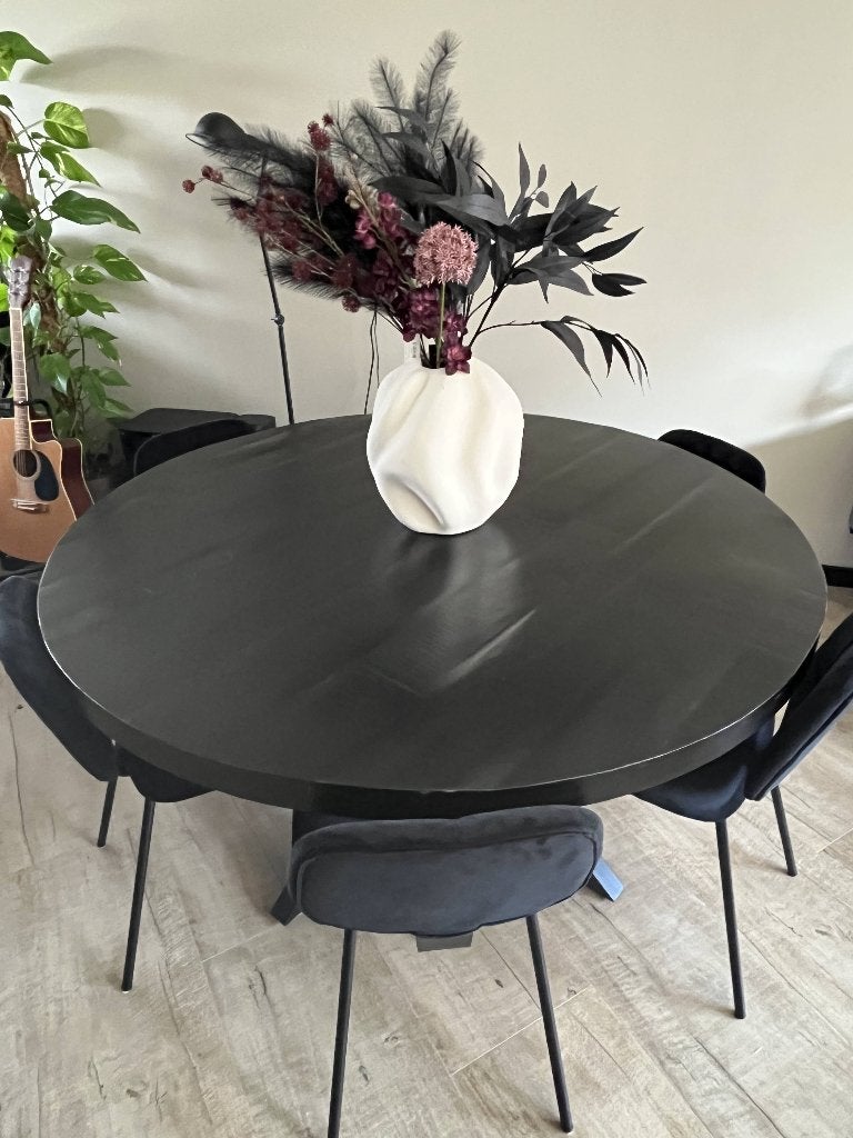 Loods 5 Samp ronde eettafel Ø150 + 6 zwarte eetkamerstoelen, Rond, Vijf personen of meer, Ophalen, Overige houtsoorten