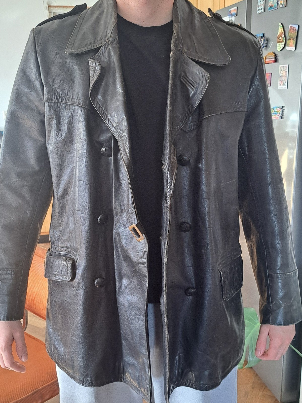 Vintage Leren Jas - Zwart , Maat L, Kleding | Heren, Maat 52/54 (L), Onbekend, Zwart, Ophalen of Verzenden