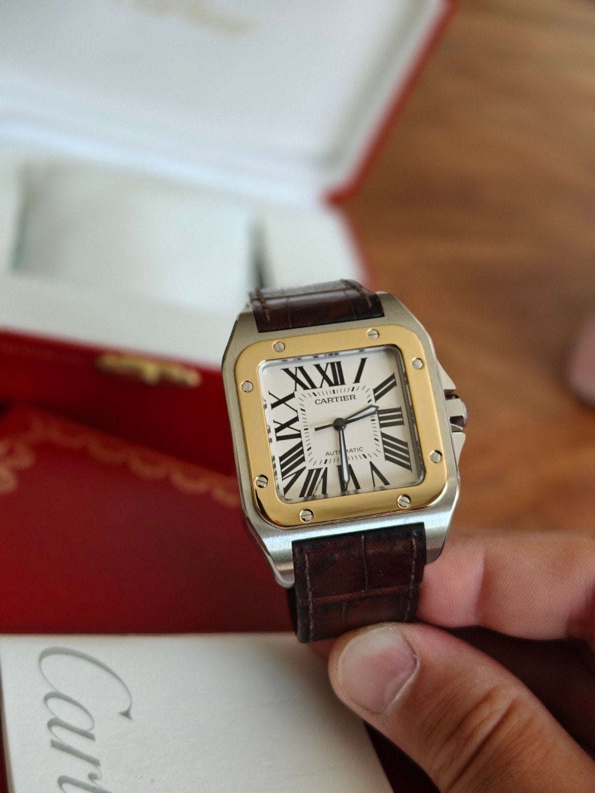 Cartier Santos 100 steel gold fullset, Leer, Polshorloge, Zo goed als nieuw, Ophalen