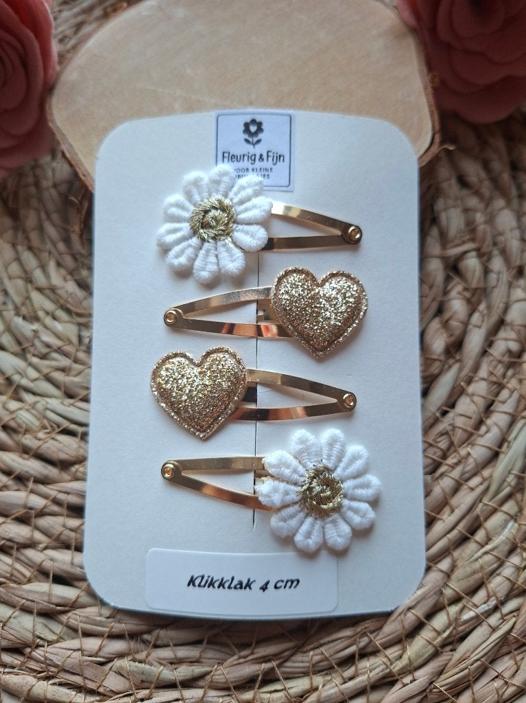 4 klikklak 4 cm met wit met goud, Kinderen en Baby's, Goud, Haarspeld, Nieuw, Ophalen of Verzenden