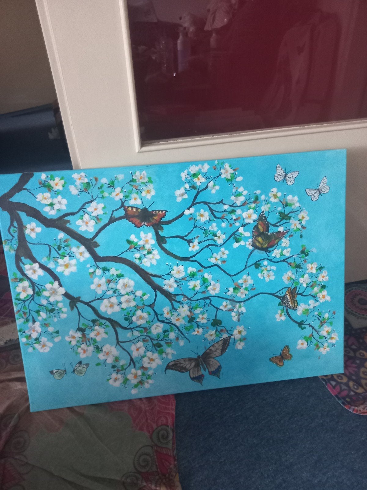 Handgeschilderd schilderij: Vlinders en Bloesem, Acrylverf, Handgeschilderd, Ophalen of Verzenden, Bloemen