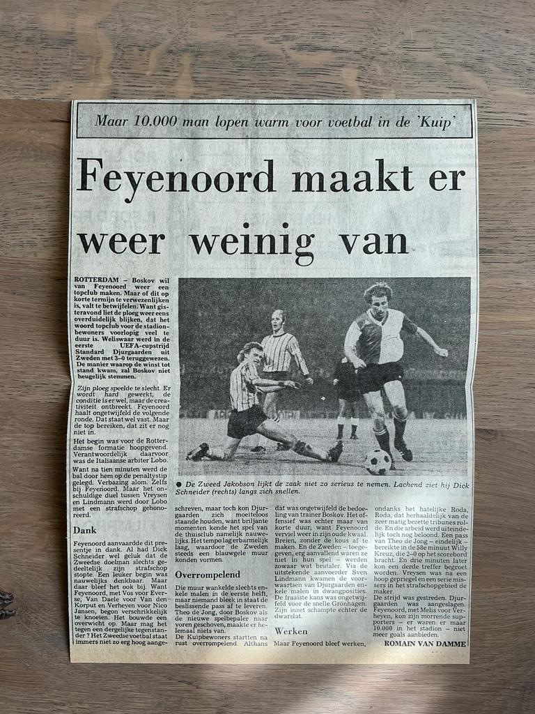 Voetbal krantenartikel Feyenoord Standard Djurgaarden 1976, Ophalen of Verzenden, Knipsel(s)