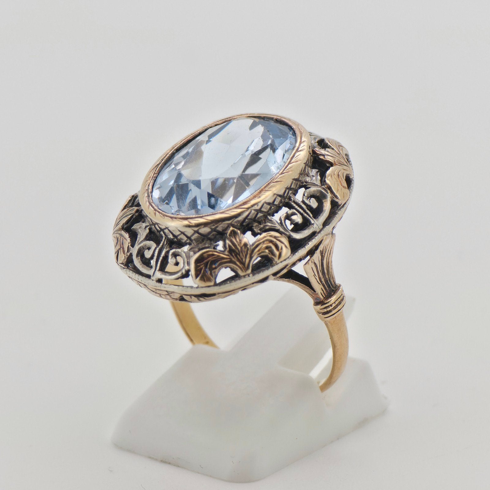 Antieke 18k Gouden Ring met Zilver en Aquamarijn - Maat 18, Blauw, Ophalen of Verzenden, Zo goed als nieuw, 17 tot 18