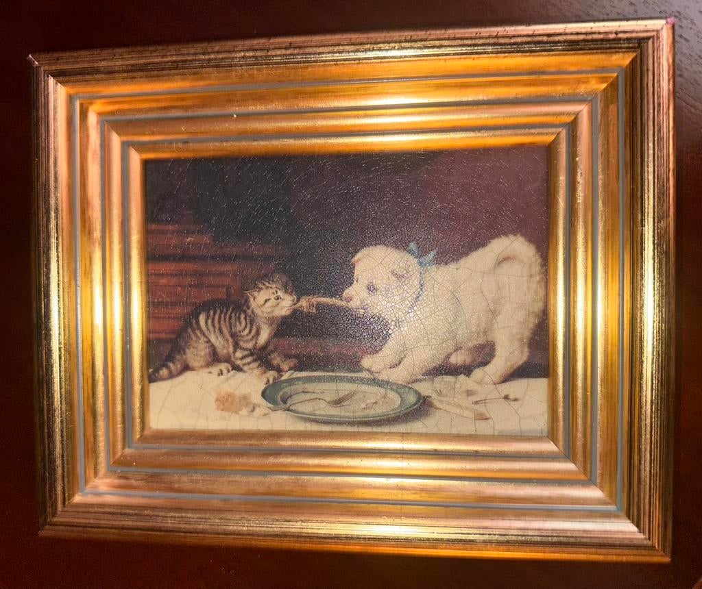 Oud schilderij kitten&pup in vergulde lijst 26,5x21,3x3cm, Ophalen of Verzenden