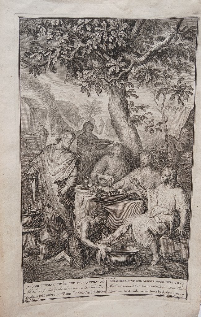 Abraham staat onder eenen boom by de drie mannen Kopergravur, Religie, Ophalen of Verzenden, 35 cm, 21 cm