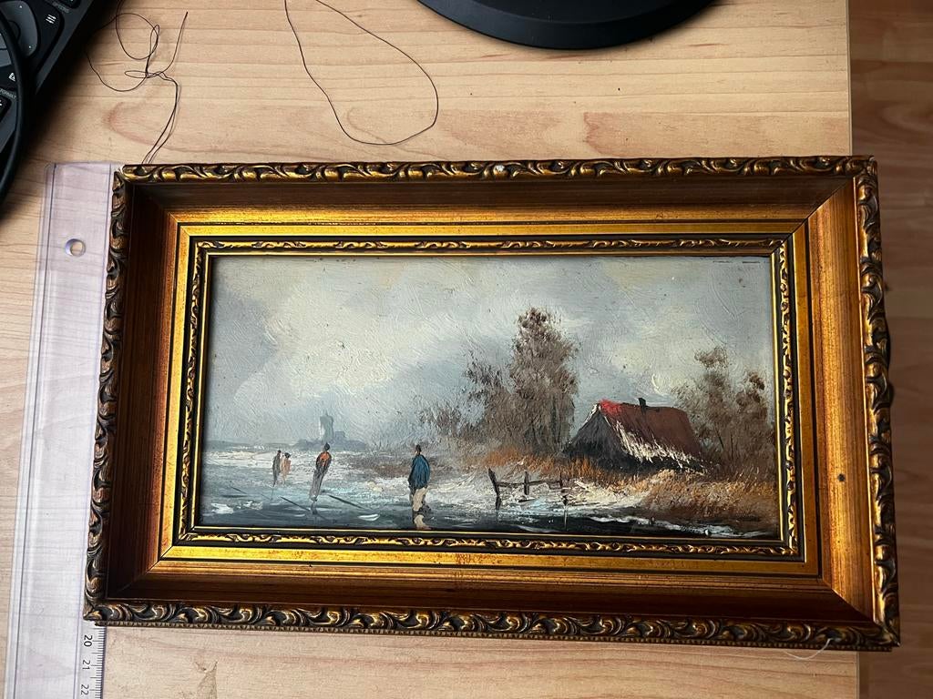 Antiek Winterlandschap Schilderij met Schaatsers, Ophalen