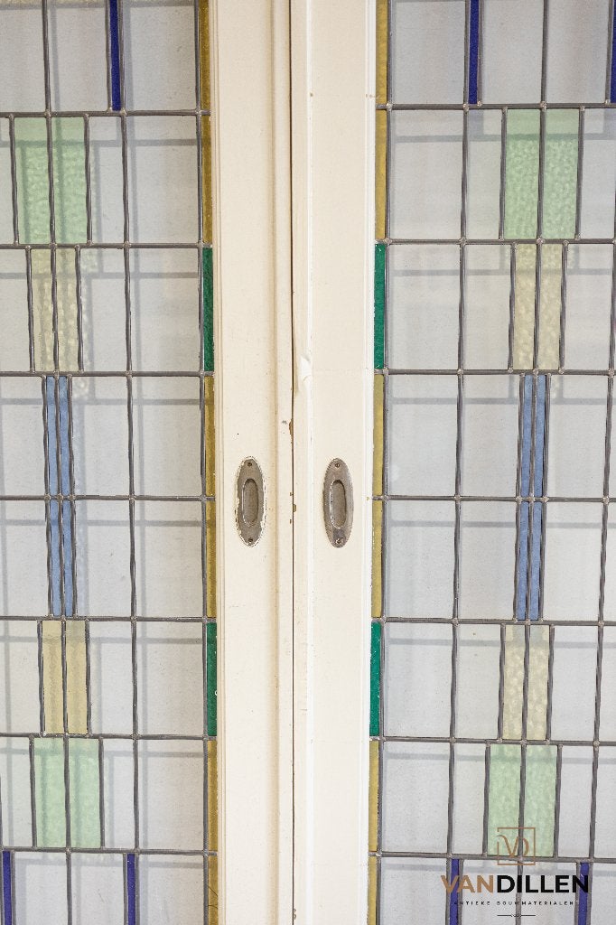 Antieke ensuite schuifdeuren glas in lood kleur 212 x 155, Gebruikt, 120 cm of meer, Binnendeur, Ophalen of Verzenden