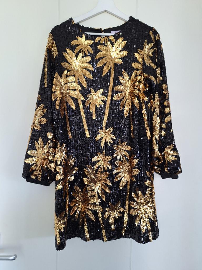 Zwarte paillettenjurk met gouden palmbomen, maat 42, Zwart, Maat 42/44 (L), Ophalen of Verzenden, Gedragen