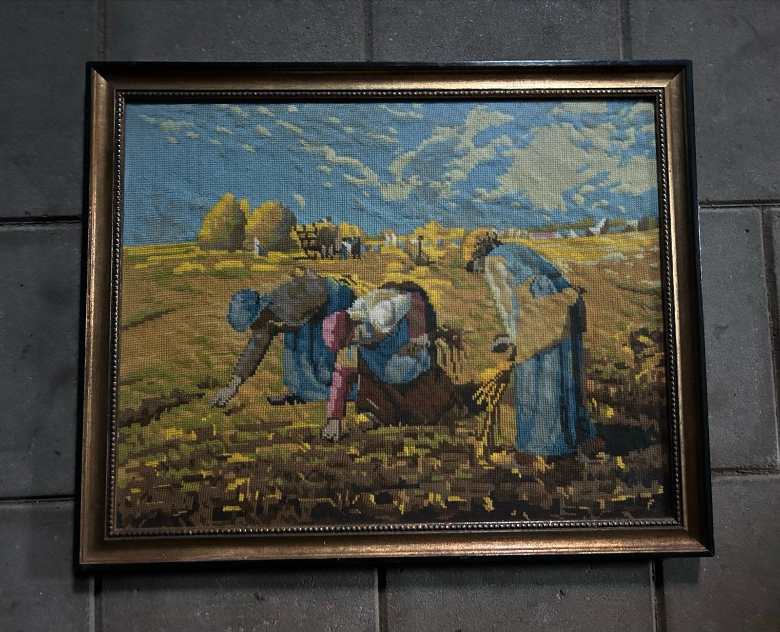 Vintage Handgeborduurd Schilderij - Boeren op het Land, Ophalen, Doek, Overige technieken, Klassiek