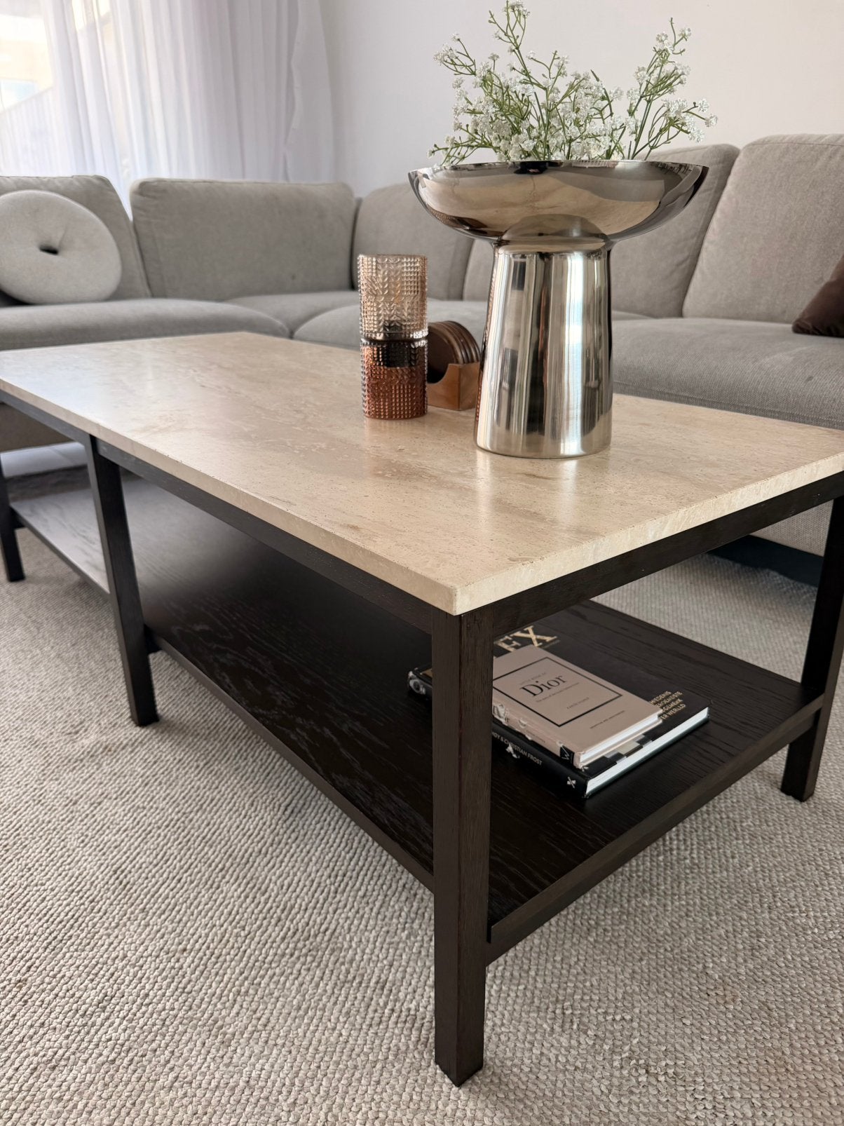 Salontafel met travertin tafelblad westwing, Ophalen, 100 tot 150 cm, Eikenhout, 50 tot 100 cm