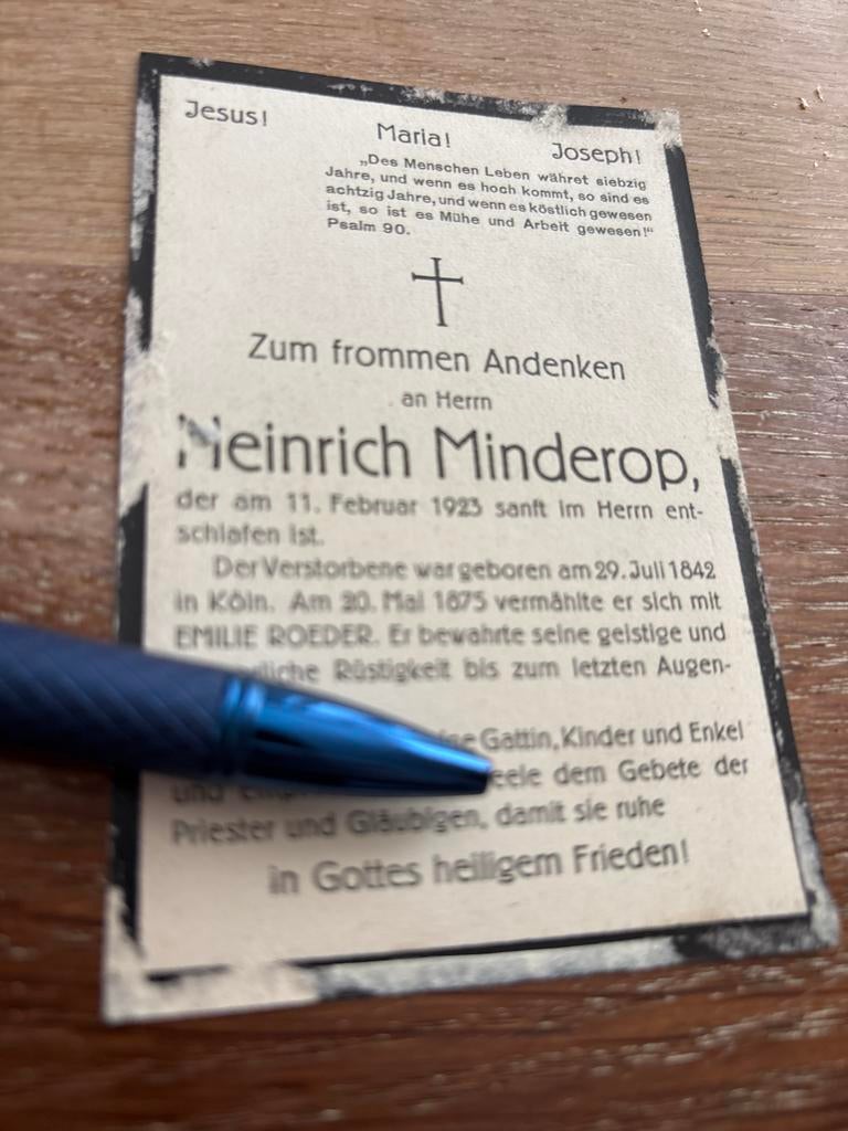 Minderop Heinrich 1842 Keulen 1923 x Roeder - E00976, Ophalen of Verzenden, Bidprentje