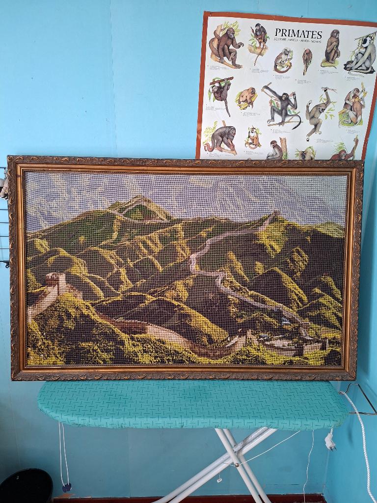 Schitterend kunstwerk, borduurwerk Chinese Wall mooi omlijst, Hobby en Vrije tijd, Ophalen, Gebruikt, Machineborduren, Overige typen