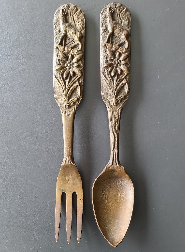 vintage bronzen bestek vork lepel 27 cm lang brons Frankrijk, Ophalen of Verzenden
