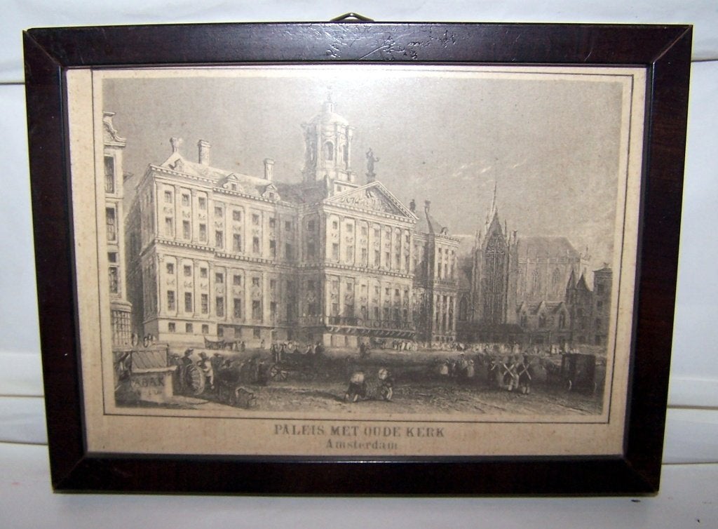 Antieke prent-Paleis met Oude Kerk Amsterdam.18,5x14cm. Izgs, Antiek en Kunst, Ophalen of Verzenden, Achter glas