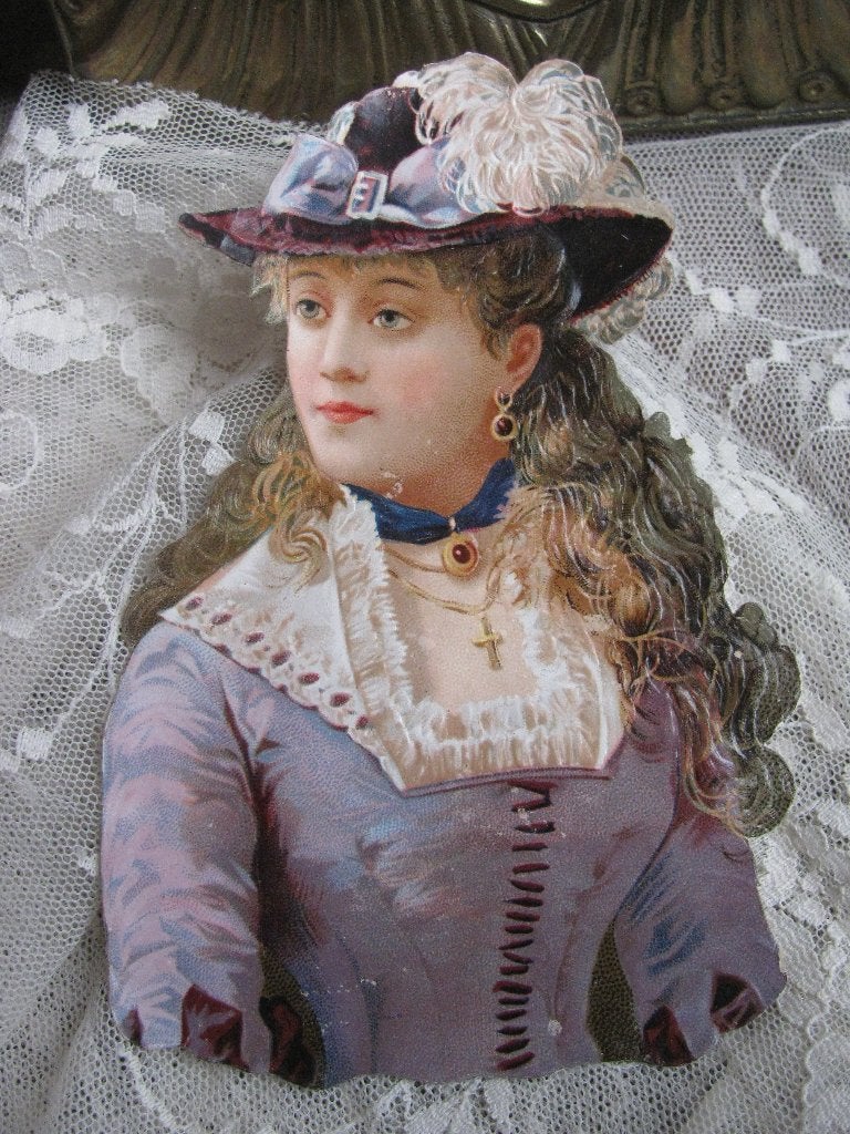 Groot Antiek Poesieplaatje Victoriaanse Dame / Ketting Kruis, Verzamelen, Verzenden