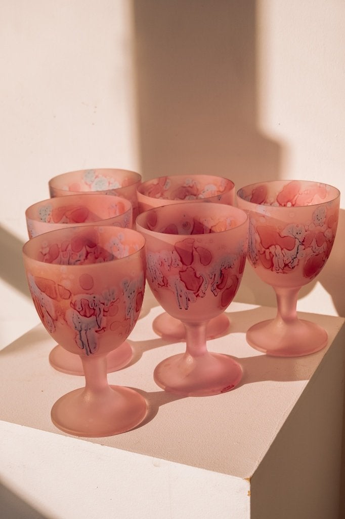 Roze Frosted Wijnglazen met Gemarmerd Patroon (Set), Glas of Glazen, -, -, Vintage