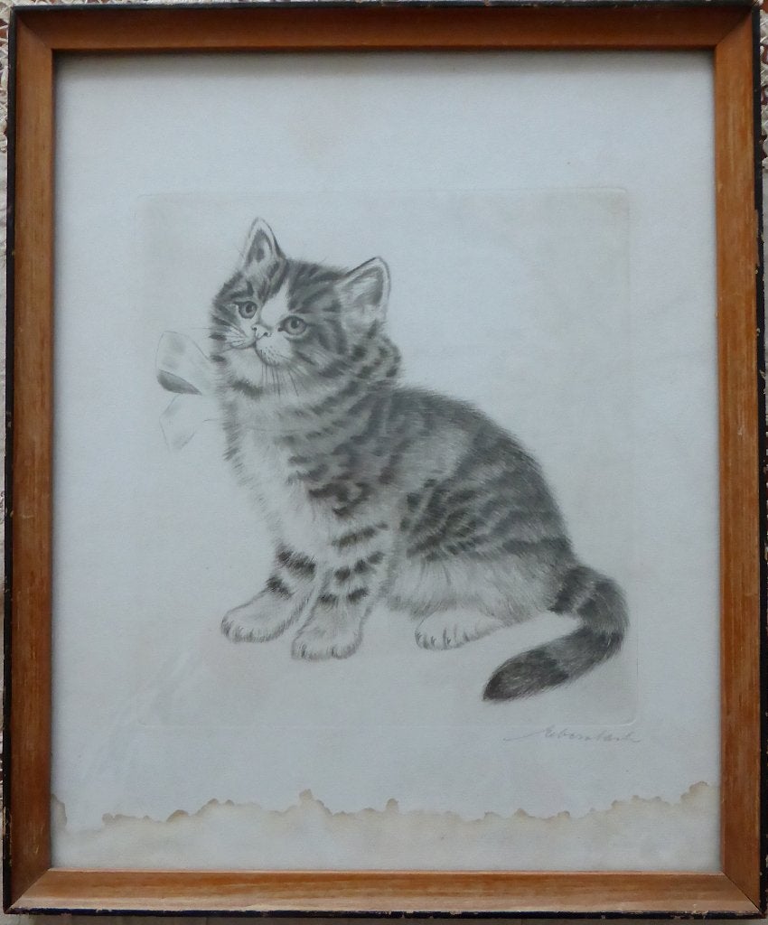 Originele ets van kat / poes met strik / Ebersbach 1822-1900, Antiek en Kunst, Ophalen of Verzenden