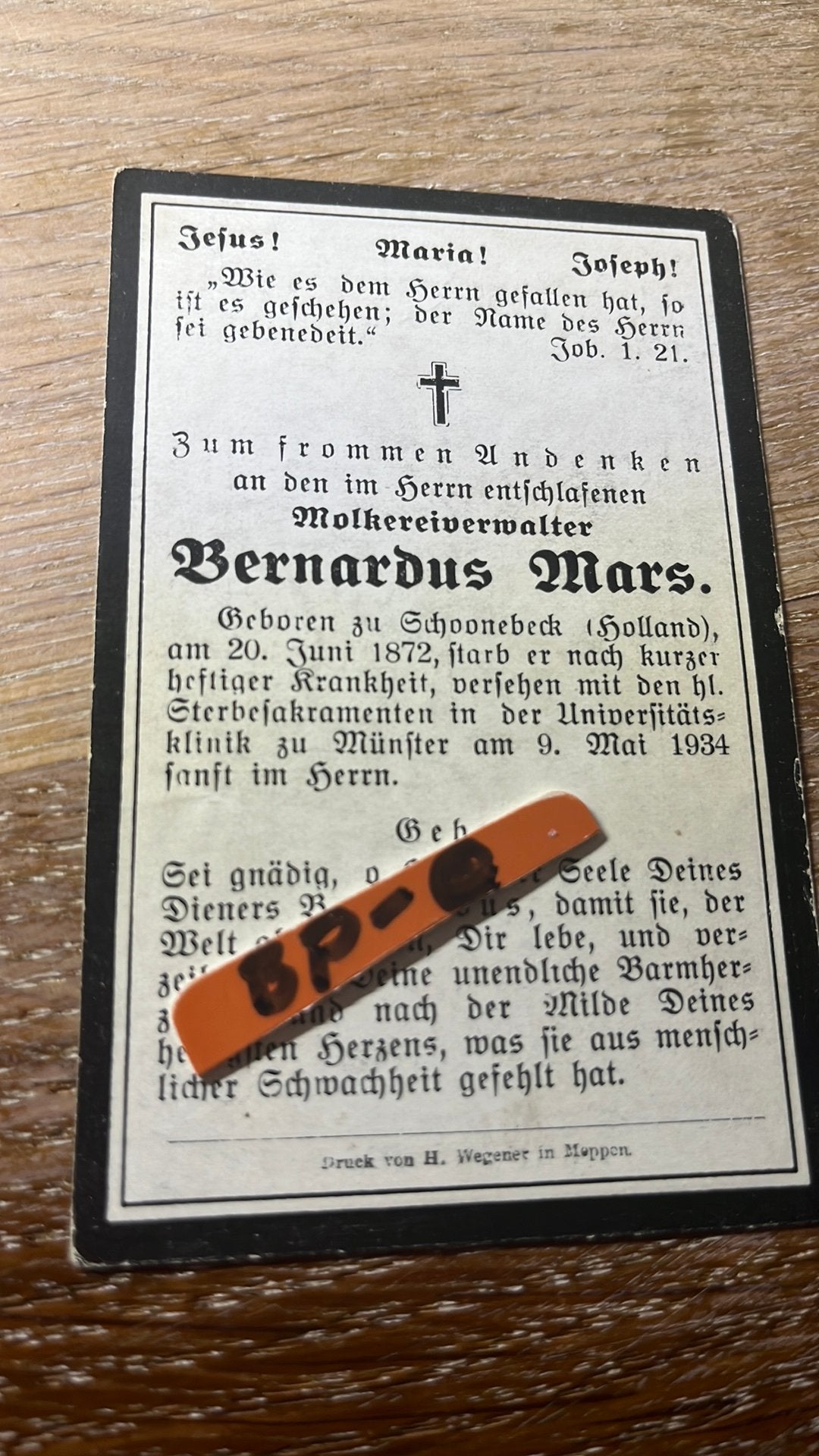 Oud Bidprentje Bernardus Mars 1934 Schonebeek, Ophalen of Verzenden, Bidprentje